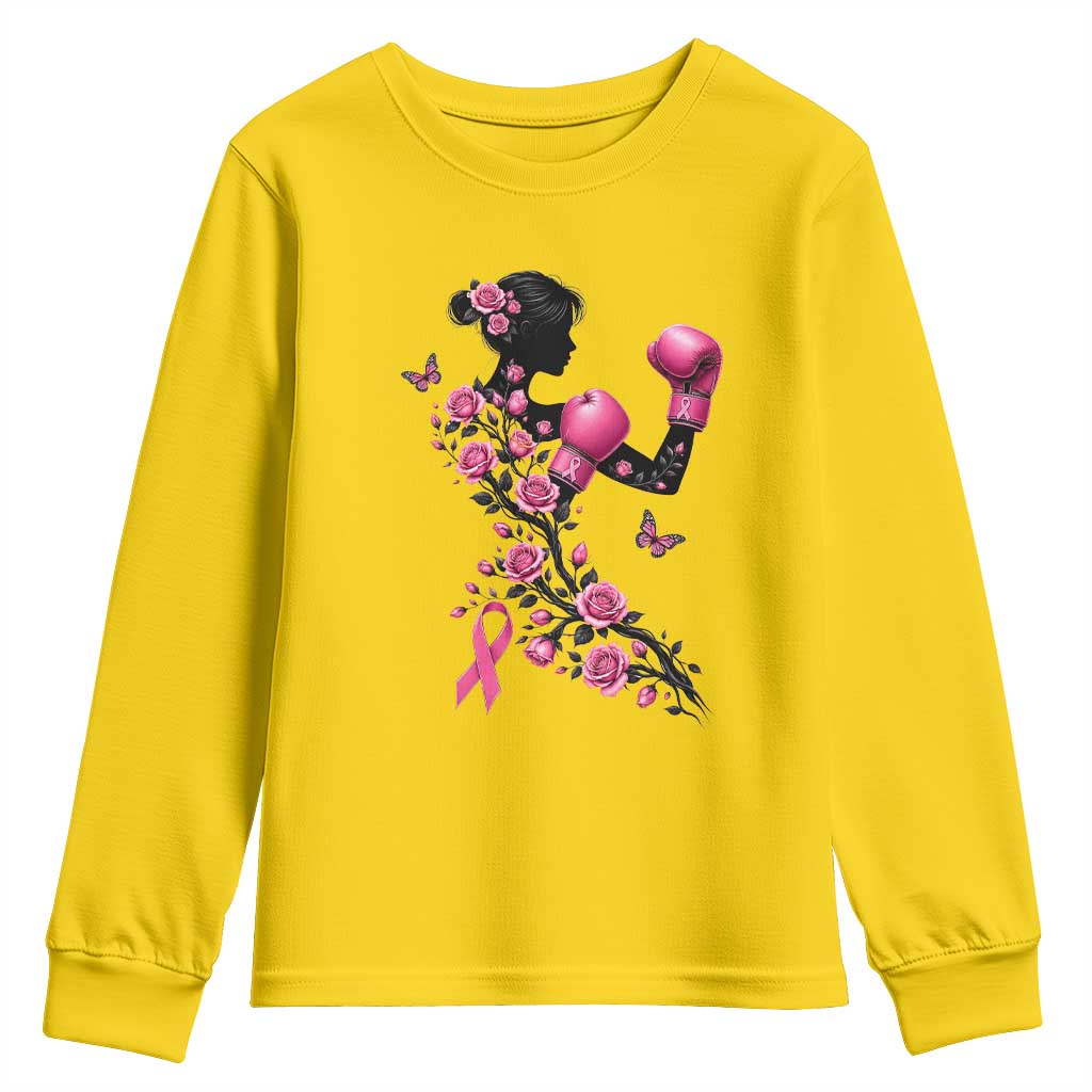 Breast Cancer Warrior Youth Sweatshirt Pink Boxing Gloves Floral Ribbon Courage