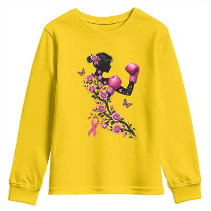 Breast Cancer Warrior Youth Sweatshirt Pink Boxing Gloves Floral Ribbon Courage