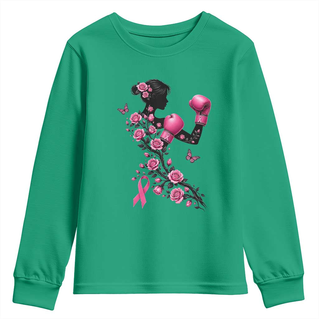 Breast Cancer Warrior Youth Sweatshirt Pink Boxing Gloves Floral Ribbon Courage