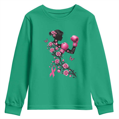 Breast Cancer Warrior Youth Sweatshirt Pink Boxing Gloves Floral Ribbon Courage