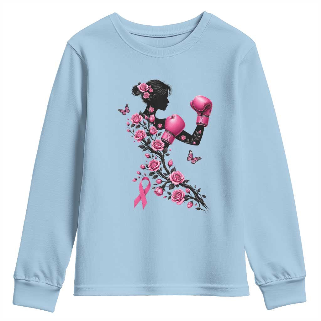 Breast Cancer Warrior Youth Sweatshirt Pink Boxing Gloves Floral Ribbon Courage