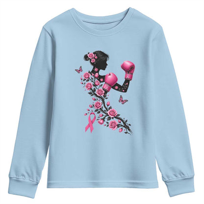 Breast Cancer Warrior Youth Sweatshirt Pink Boxing Gloves Floral Ribbon Courage