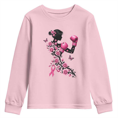 Breast Cancer Warrior Youth Sweatshirt Pink Boxing Gloves Floral Ribbon Courage