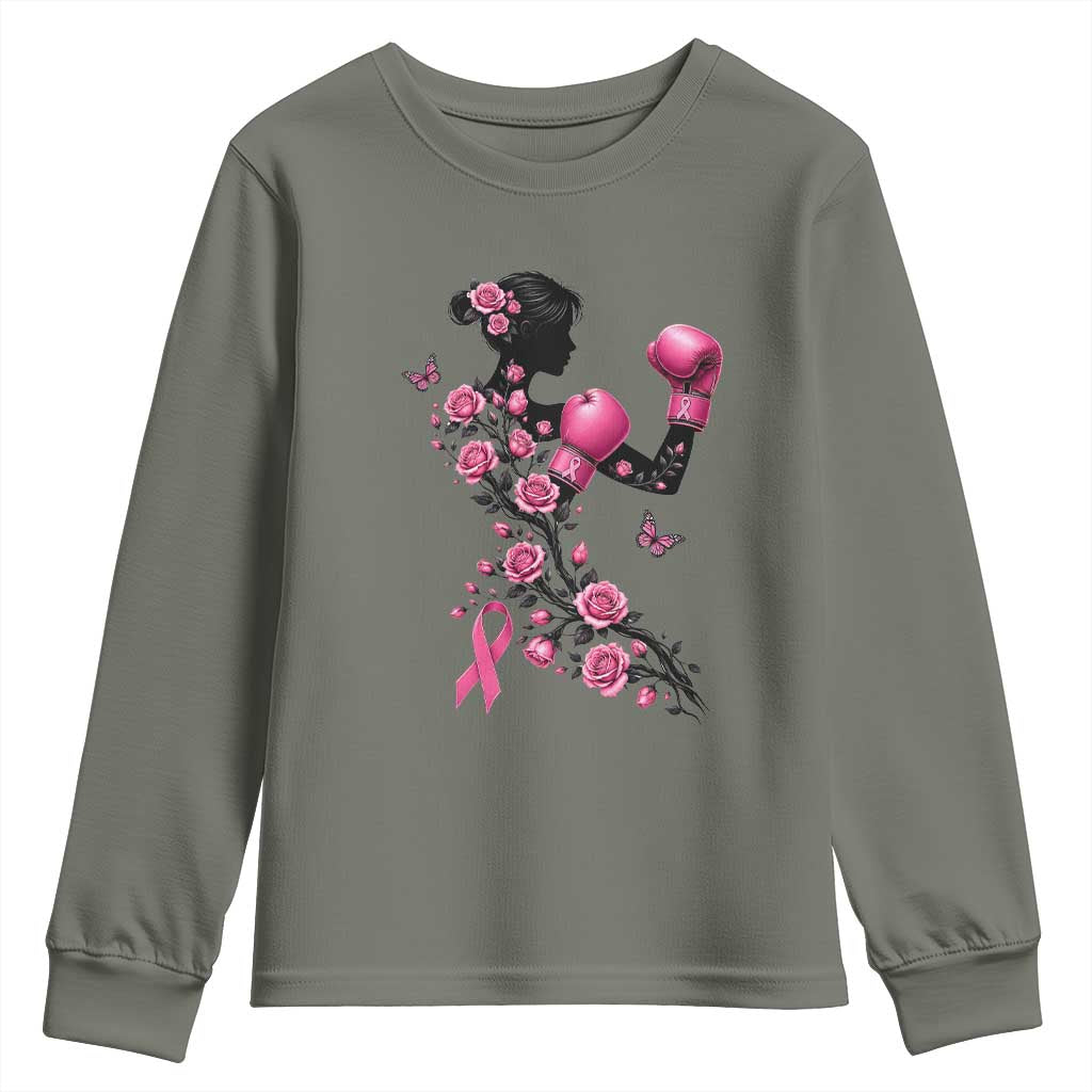 Breast Cancer Warrior Youth Sweatshirt Pink Boxing Gloves Floral Ribbon Courage