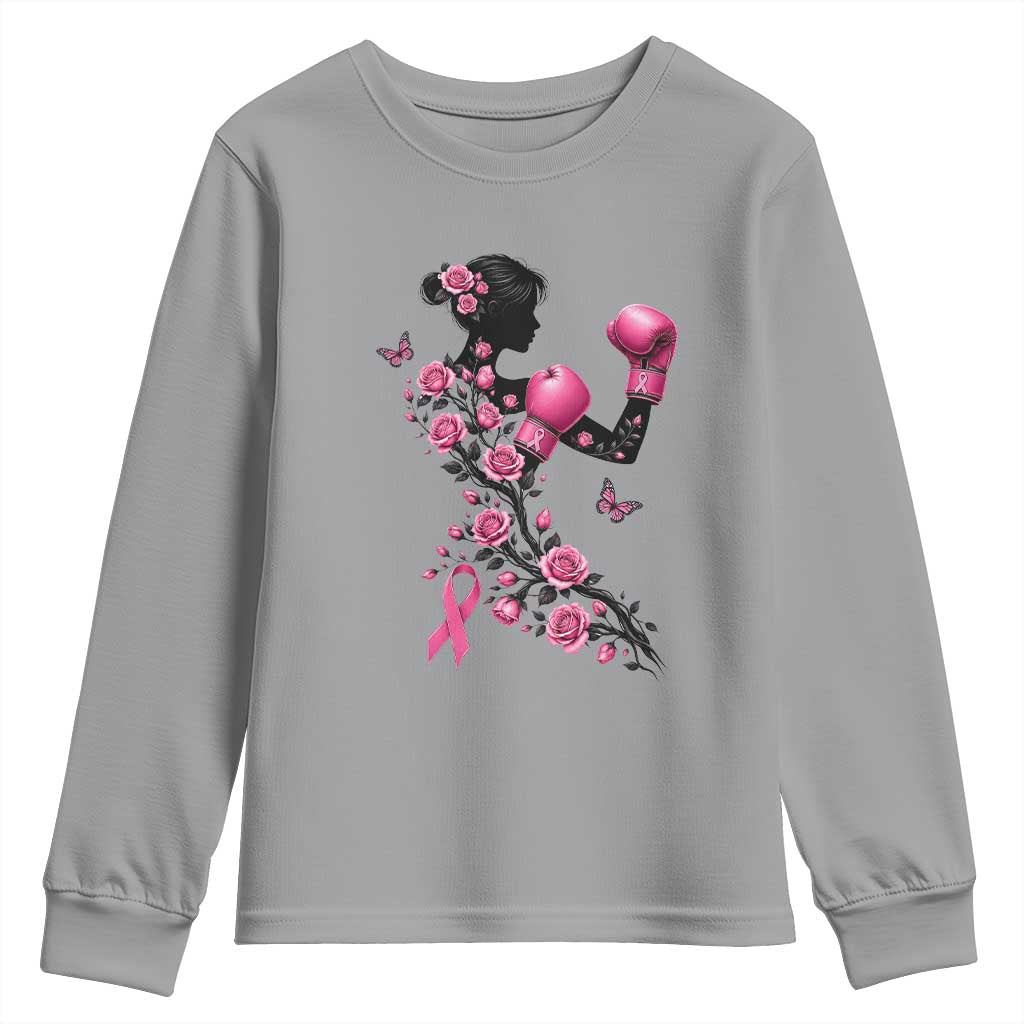 Breast Cancer Warrior Youth Sweatshirt Pink Boxing Gloves Floral Ribbon Courage