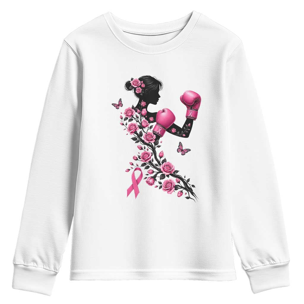 Breast Cancer Warrior Youth Sweatshirt Pink Boxing Gloves Floral Ribbon Courage