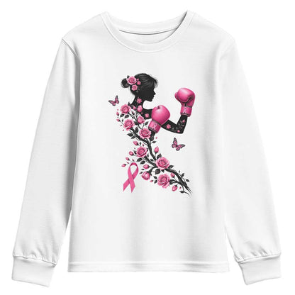 Breast Cancer Warrior Youth Sweatshirt Pink Boxing Gloves Floral Ribbon Courage