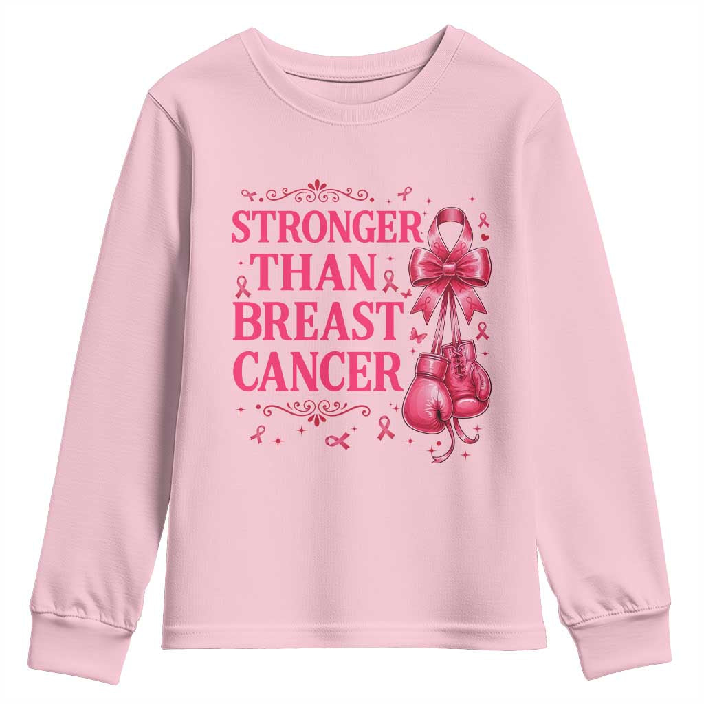 Pink Ribbon Fighter Support Youth Sweatshirt Stronger Than Breast Cancer Boxing Gloves