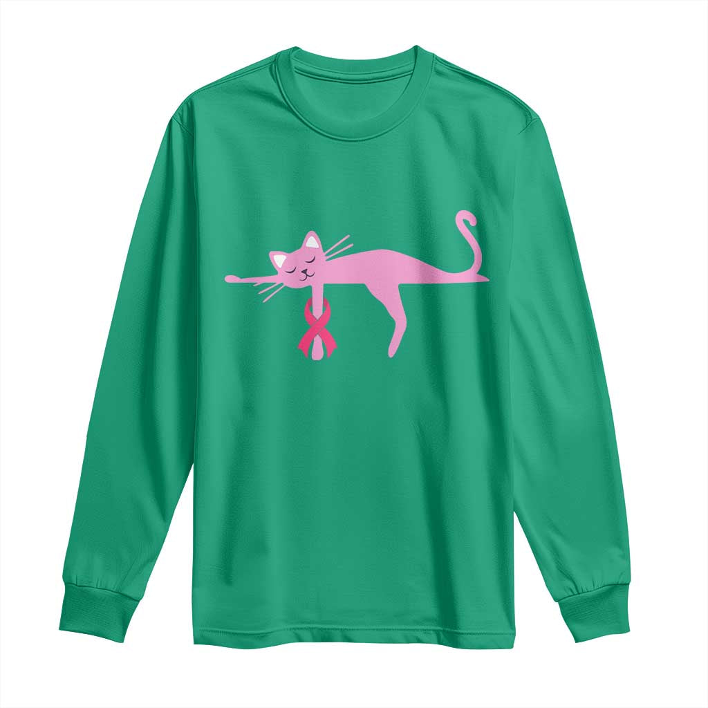Cute Breast Cancer Cat Long Sleeve Shirt Pink Ribbon Pet Lover Support