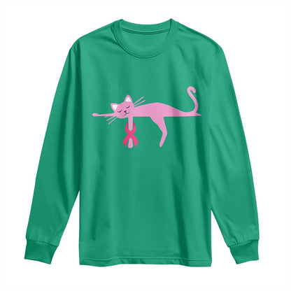 Cute Breast Cancer Cat Long Sleeve Shirt Pink Ribbon Pet Lover Support