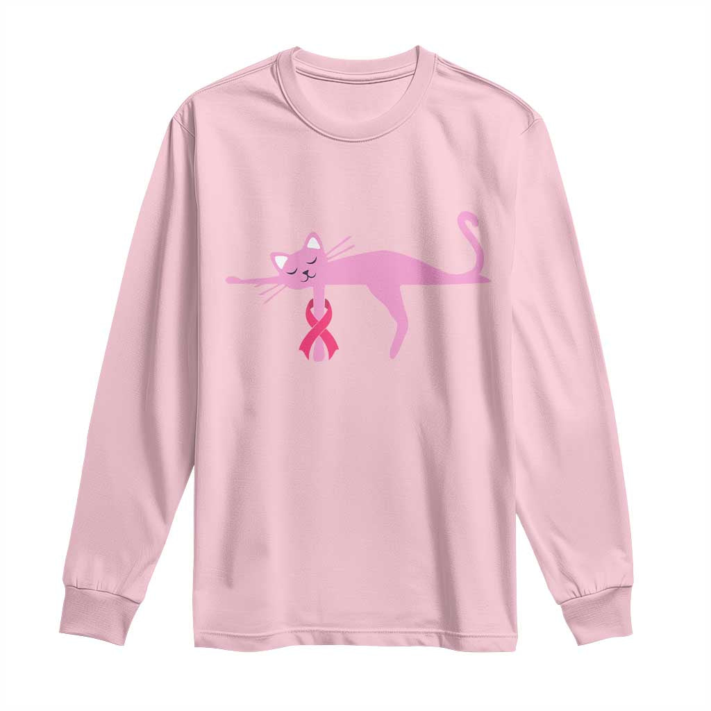 Cute Breast Cancer Cat Long Sleeve Shirt Pink Ribbon Pet Lover Support