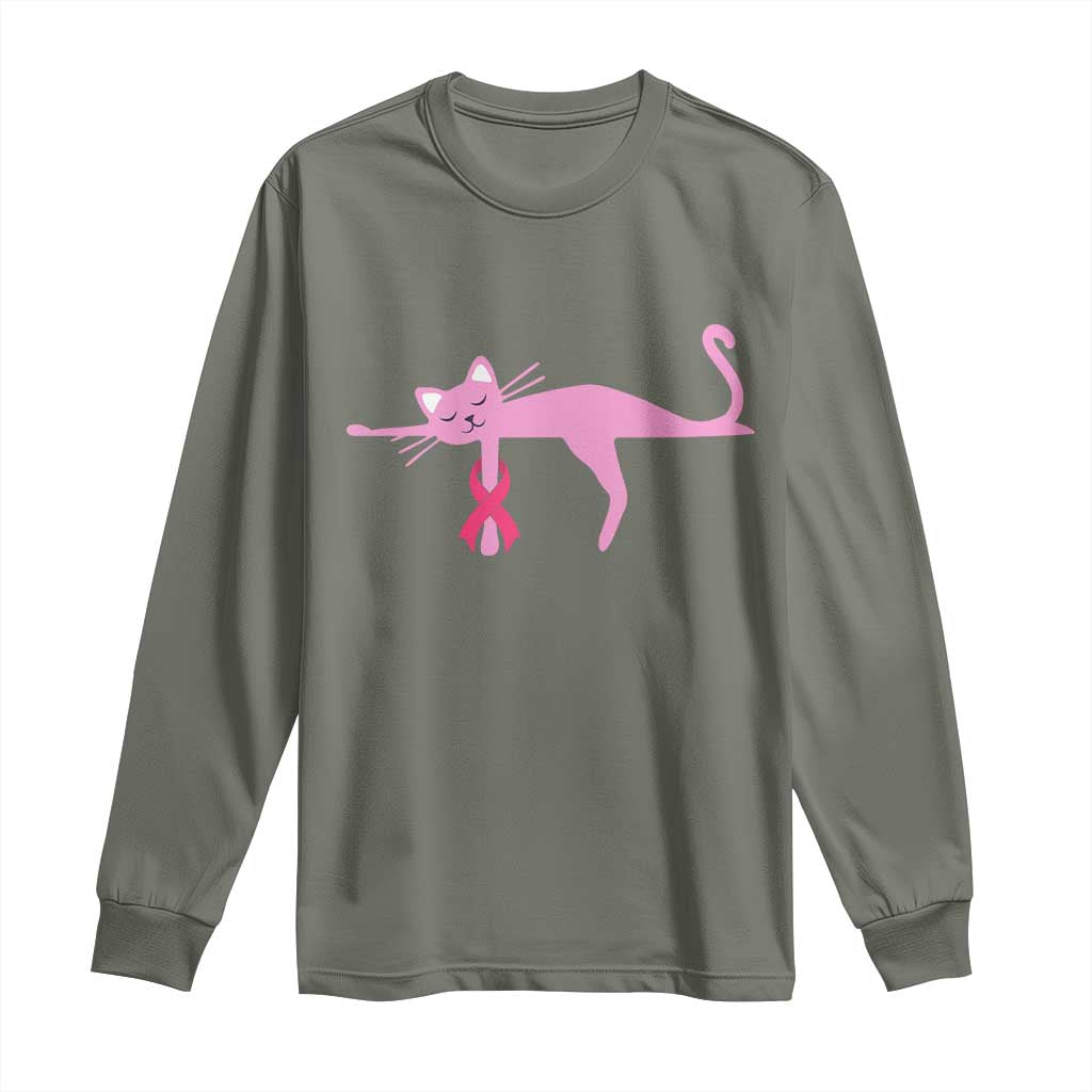 Cute Breast Cancer Cat Long Sleeve Shirt Pink Ribbon Pet Lover Support