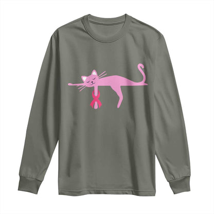 Cute Breast Cancer Cat Long Sleeve Shirt Pink Ribbon Pet Lover Support