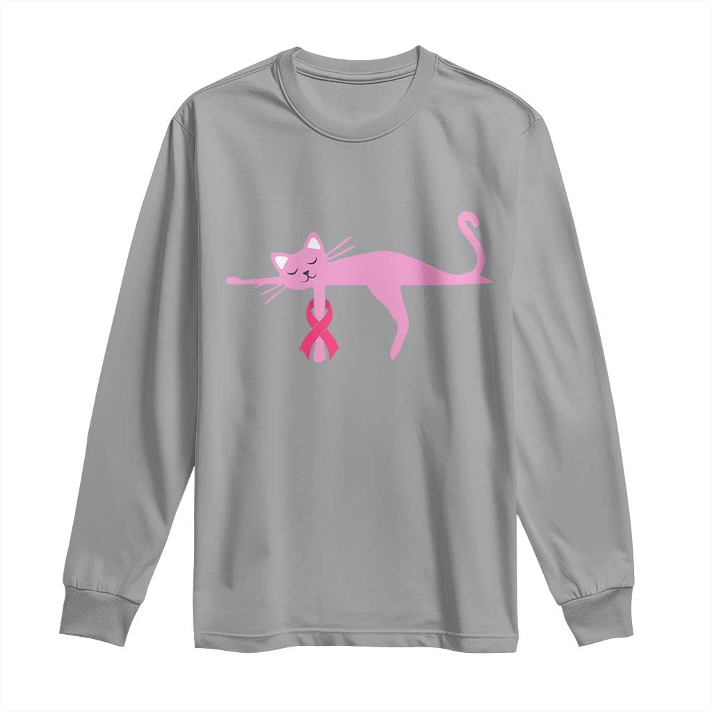 Cute Breast Cancer Cat Long Sleeve Shirt Pink Ribbon Pet Lover Support