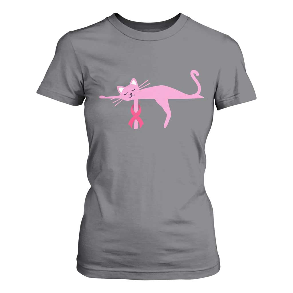 Cute Breast Cancer Cat T Shirt For Women Pink Ribbon Pet Lover Support