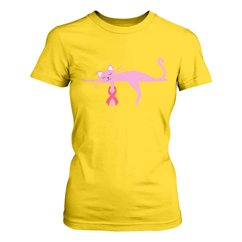 Cute Breast Cancer Cat T Shirt For Women Pink Ribbon Pet Lover Support
