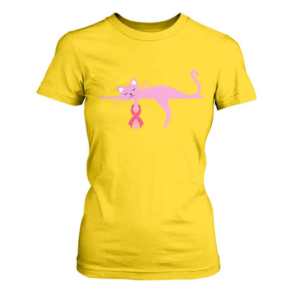 Cute Breast Cancer Cat T Shirt For Women Pink Ribbon Pet Lover Support