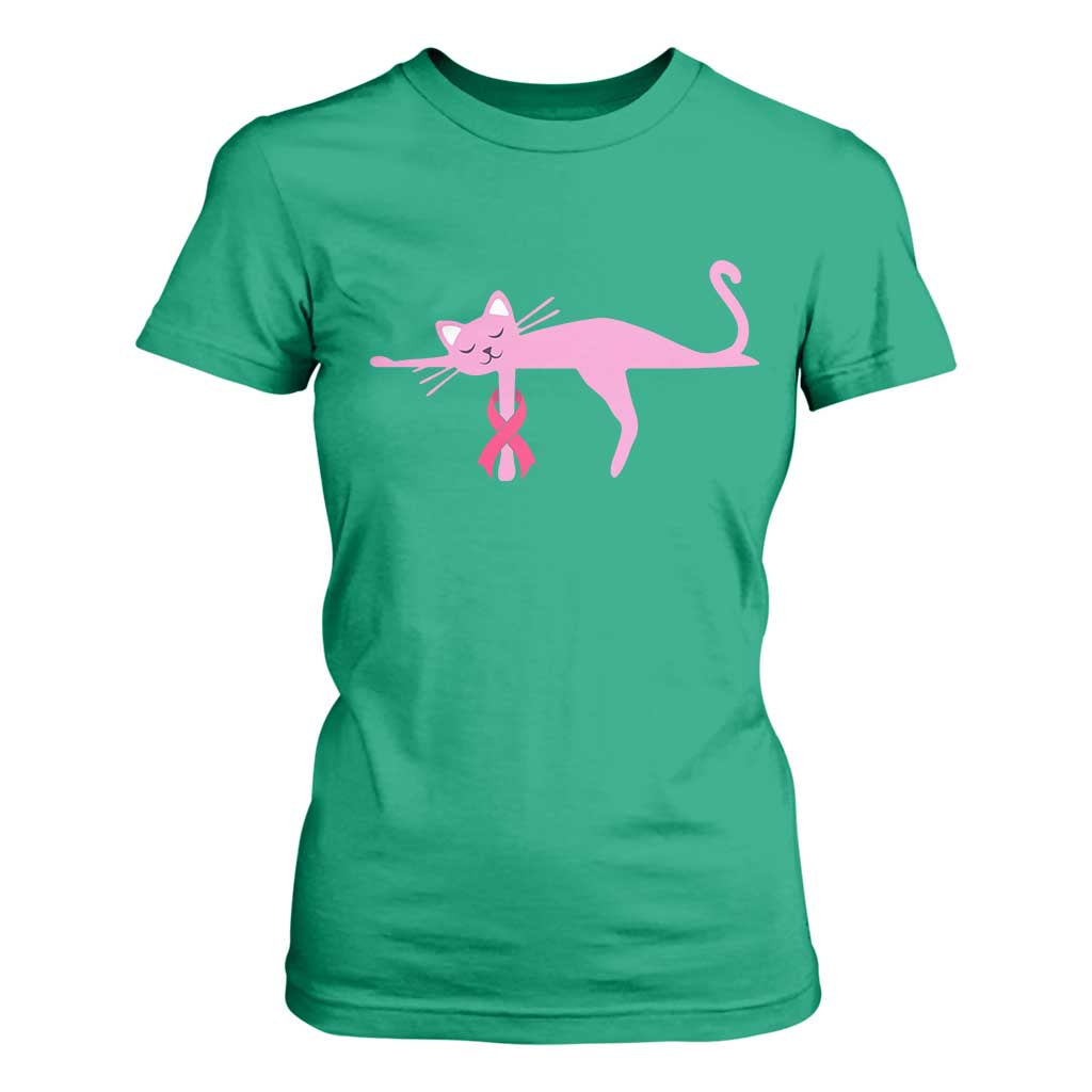 Cute Breast Cancer Cat T Shirt For Women Pink Ribbon Pet Lover Support