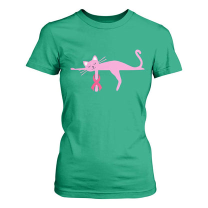 Cute Breast Cancer Cat T Shirt For Women Pink Ribbon Pet Lover Support