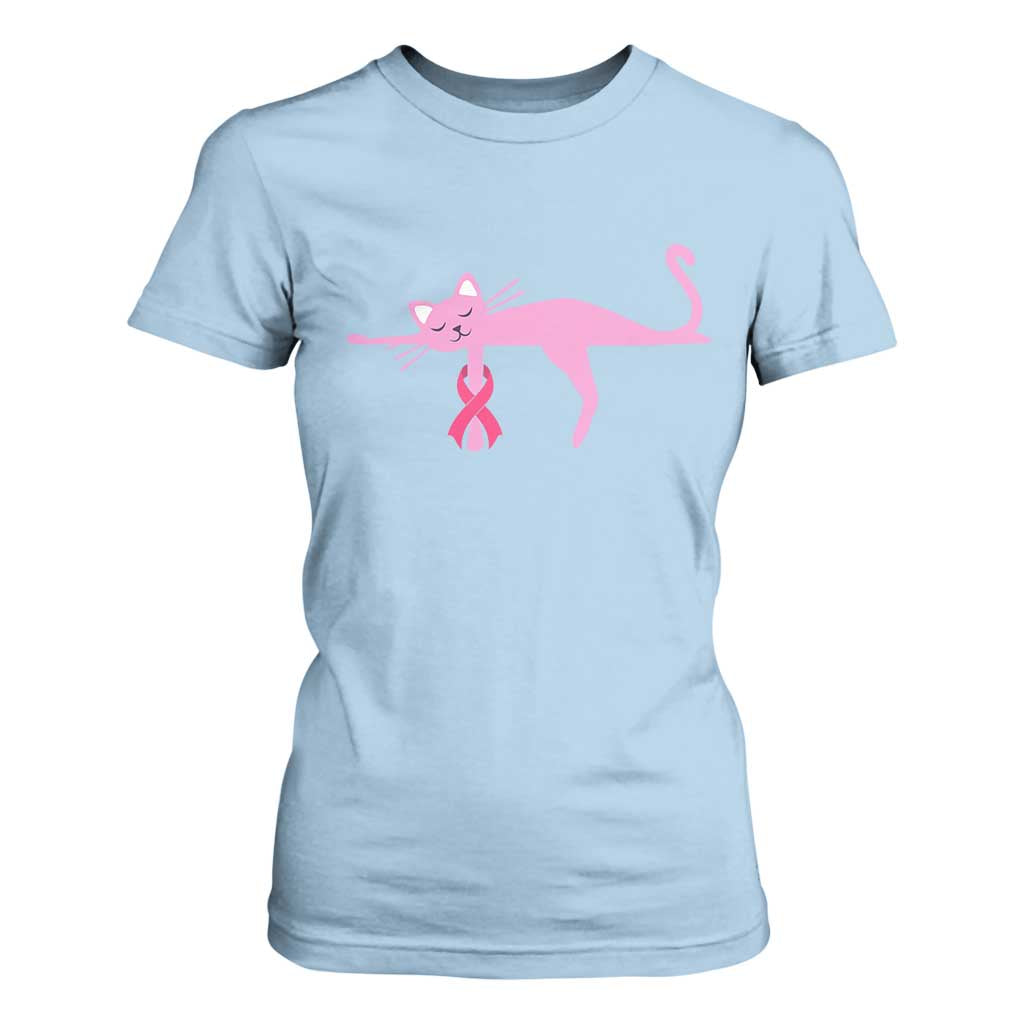 Cute Breast Cancer Cat T Shirt For Women Pink Ribbon Pet Lover Support