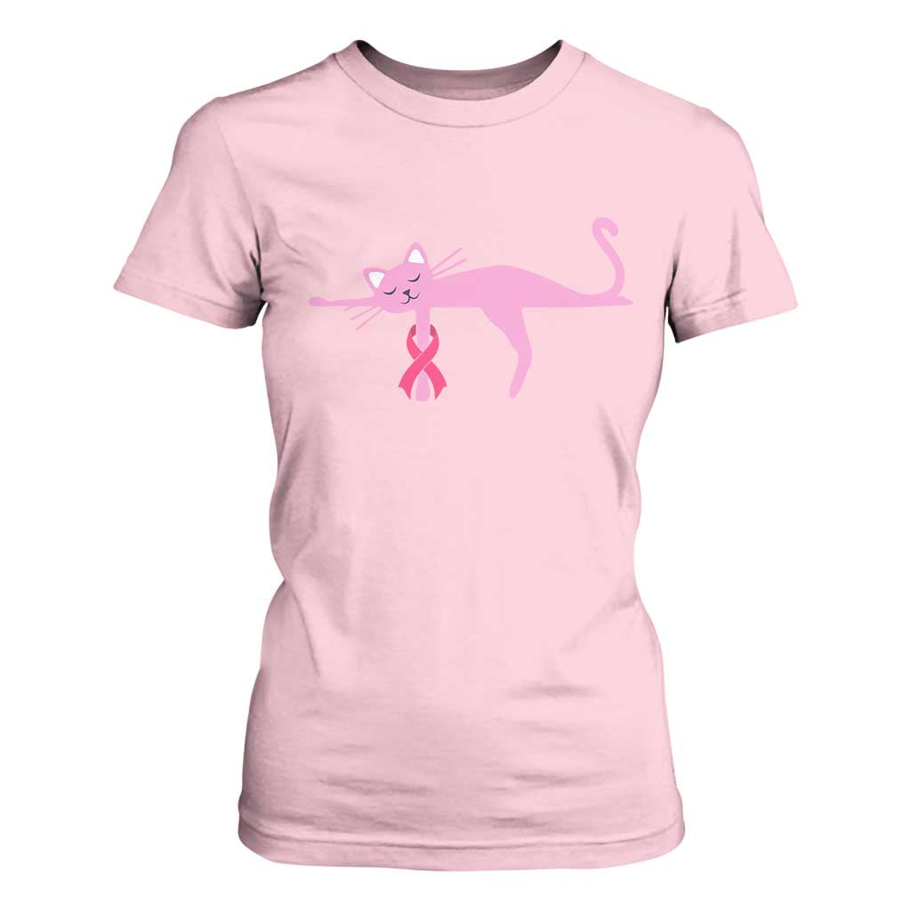 Cute Breast Cancer Cat T Shirt For Women Pink Ribbon Pet Lover Support
