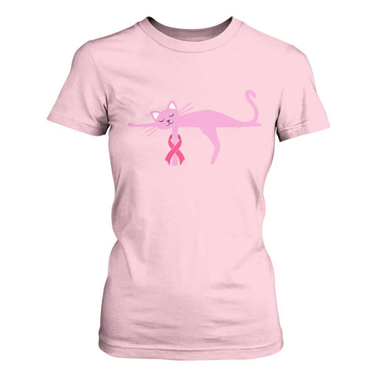 Cute Breast Cancer Cat T Shirt For Women Pink Ribbon Pet Lover Support