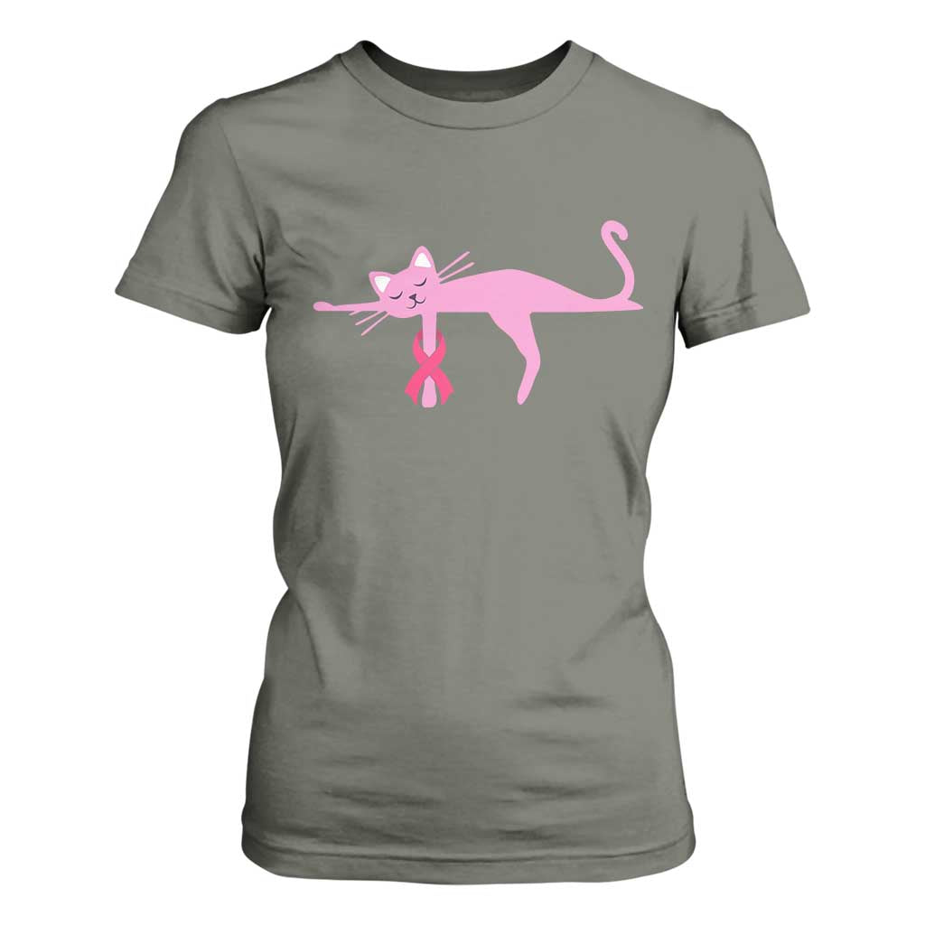 Cute Breast Cancer Cat T Shirt For Women Pink Ribbon Pet Lover Support