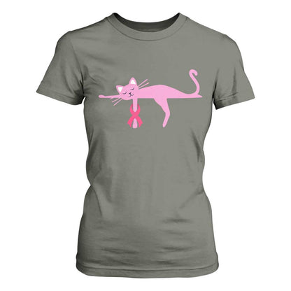 Cute Breast Cancer Cat T Shirt For Women Pink Ribbon Pet Lover Support