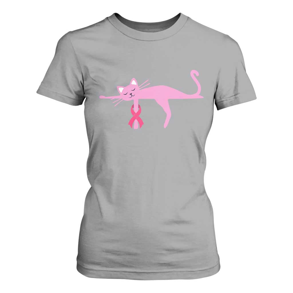 Cute Breast Cancer Cat T Shirt For Women Pink Ribbon Pet Lover Support