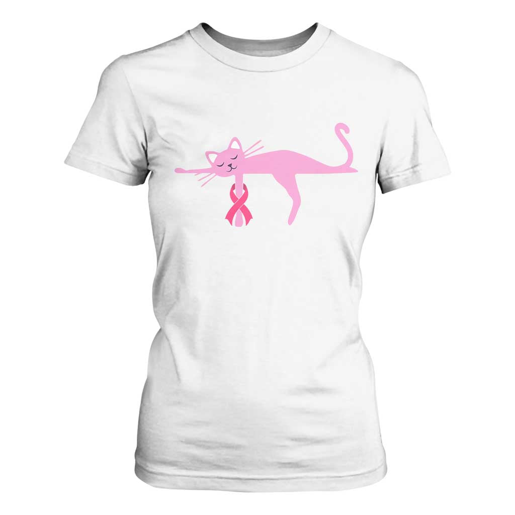Cute Breast Cancer Cat T Shirt For Women Pink Ribbon Pet Lover Support