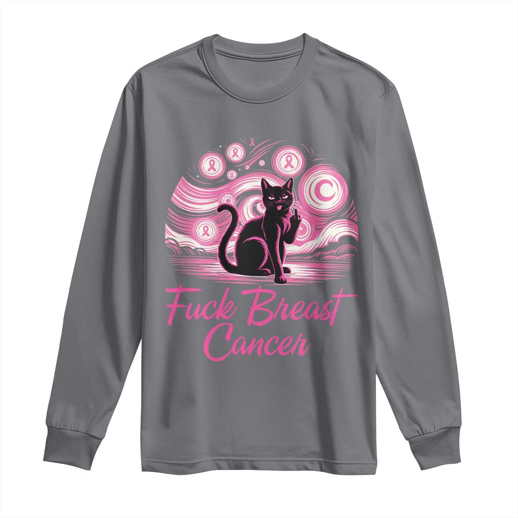 Funny Black Cat Fuck Breast Cancer Pink Ribbon Starry Night Long Sleeve Shirt