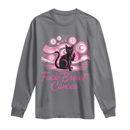 Funny Black Cat Fuck Breast Cancer Pink Ribbon Starry Night Long Sleeve Shirt