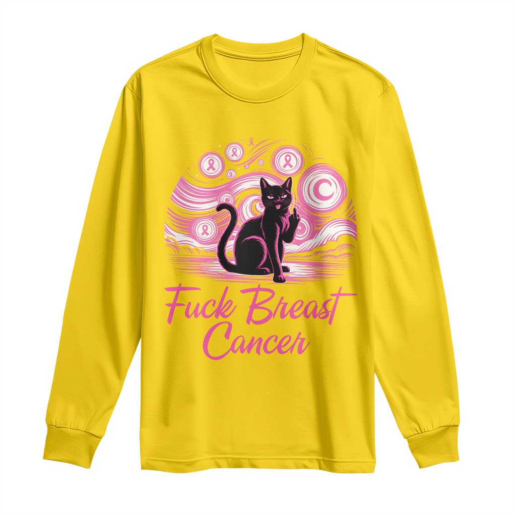 Funny Black Cat Fuck Breast Cancer Pink Ribbon Starry Night Long Sleeve Shirt