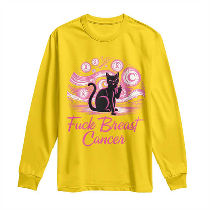 Funny Black Cat Fuck Breast Cancer Pink Ribbon Starry Night Long Sleeve Shirt