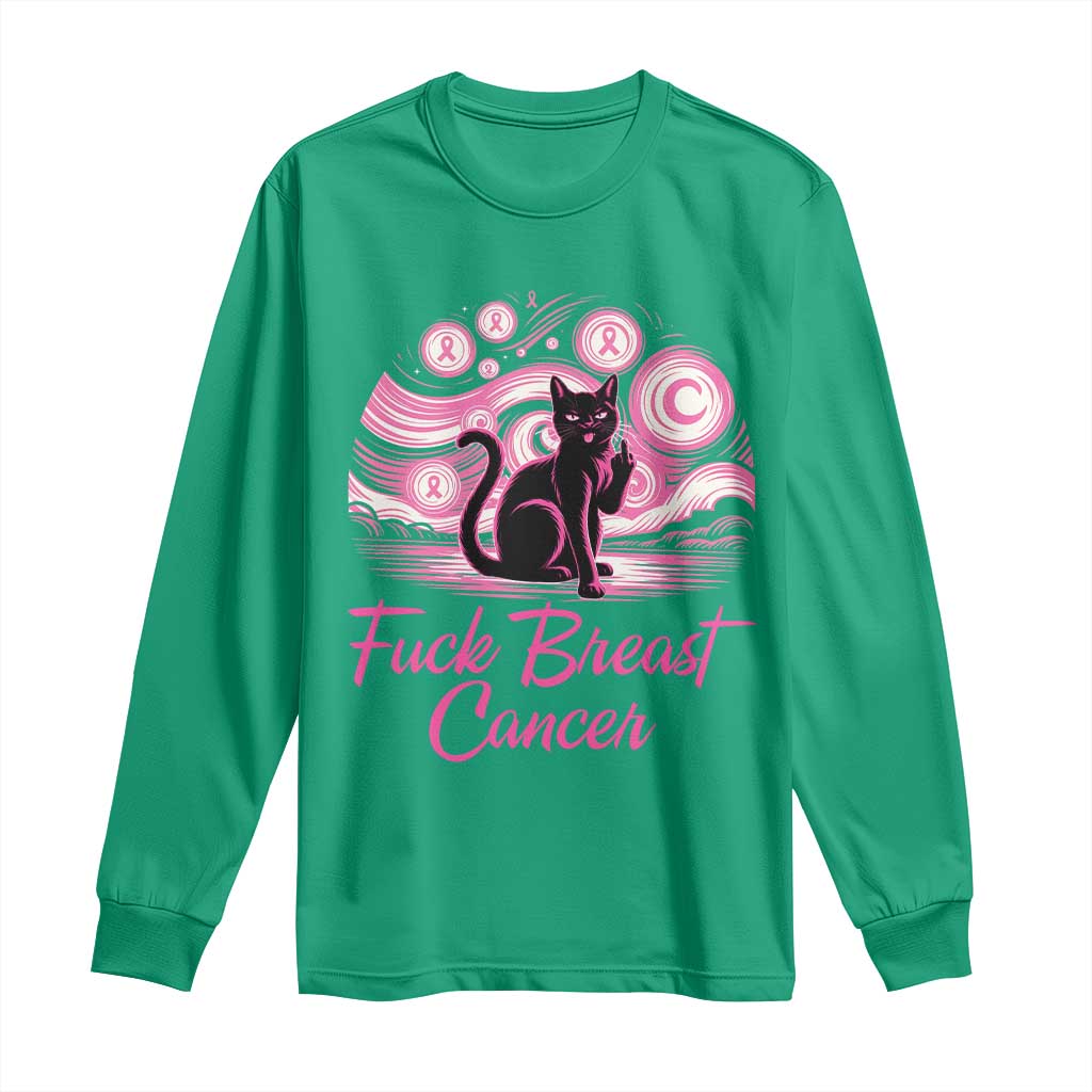 Funny Black Cat Fuck Breast Cancer Pink Ribbon Starry Night Long Sleeve Shirt