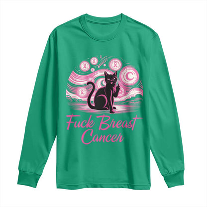 Funny Black Cat Fuck Breast Cancer Pink Ribbon Starry Night Long Sleeve Shirt