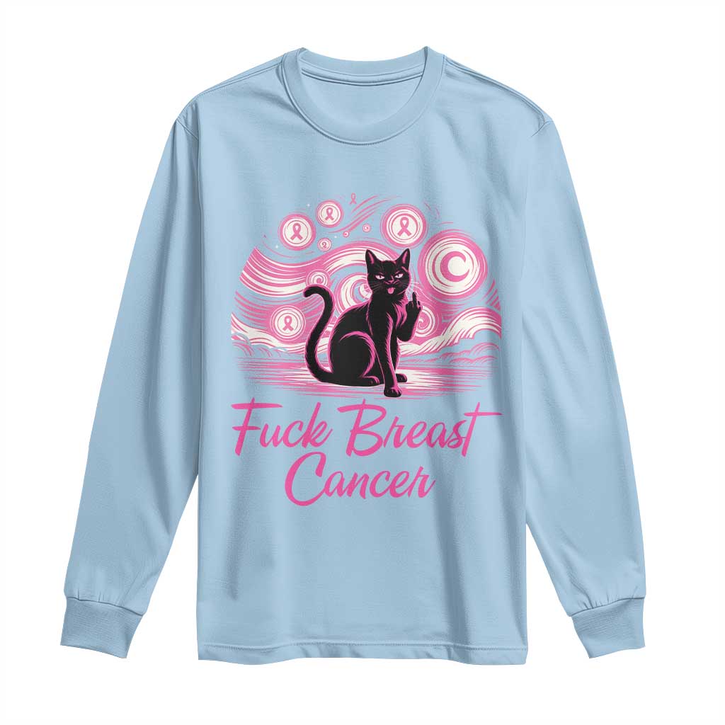 Funny Black Cat Fuck Breast Cancer Pink Ribbon Starry Night Long Sleeve Shirt