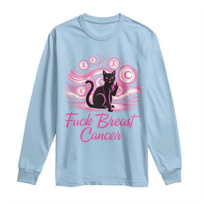 Funny Black Cat Fuck Breast Cancer Pink Ribbon Starry Night Long Sleeve Shirt