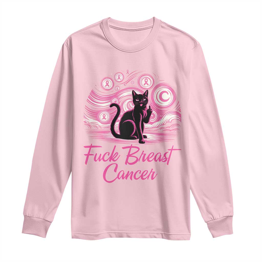 Funny Black Cat Fuck Breast Cancer Pink Ribbon Starry Night Long Sleeve Shirt
