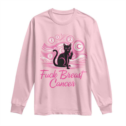 Funny Black Cat Fuck Breast Cancer Pink Ribbon Starry Night Long Sleeve Shirt