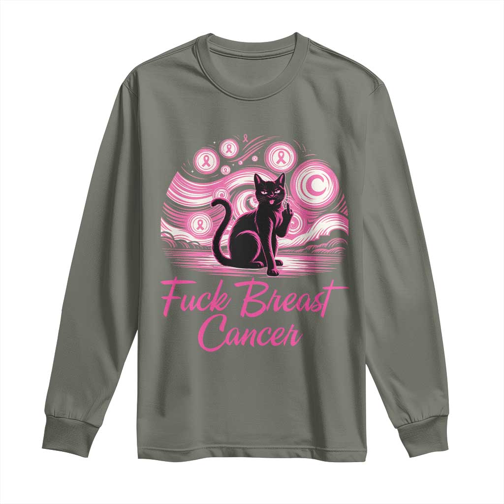 Funny Black Cat Fuck Breast Cancer Pink Ribbon Starry Night Long Sleeve Shirt
