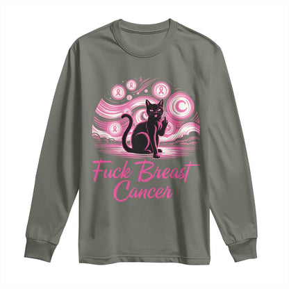 Funny Black Cat Fuck Breast Cancer Pink Ribbon Starry Night Long Sleeve Shirt