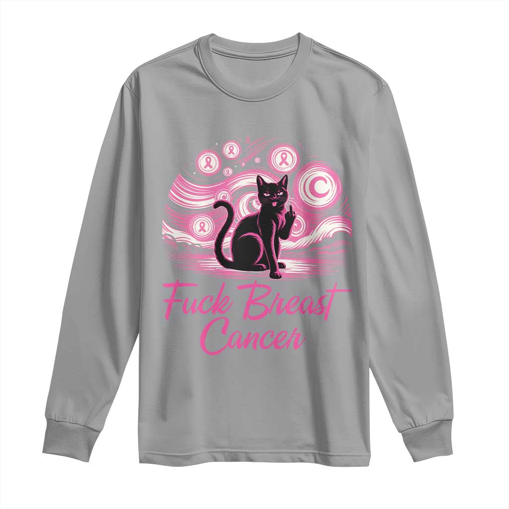 Funny Black Cat Fuck Breast Cancer Pink Ribbon Starry Night Long Sleeve Shirt