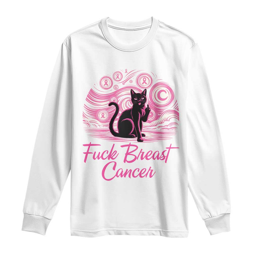 Funny Black Cat Fuck Breast Cancer Pink Ribbon Starry Night Long Sleeve Shirt