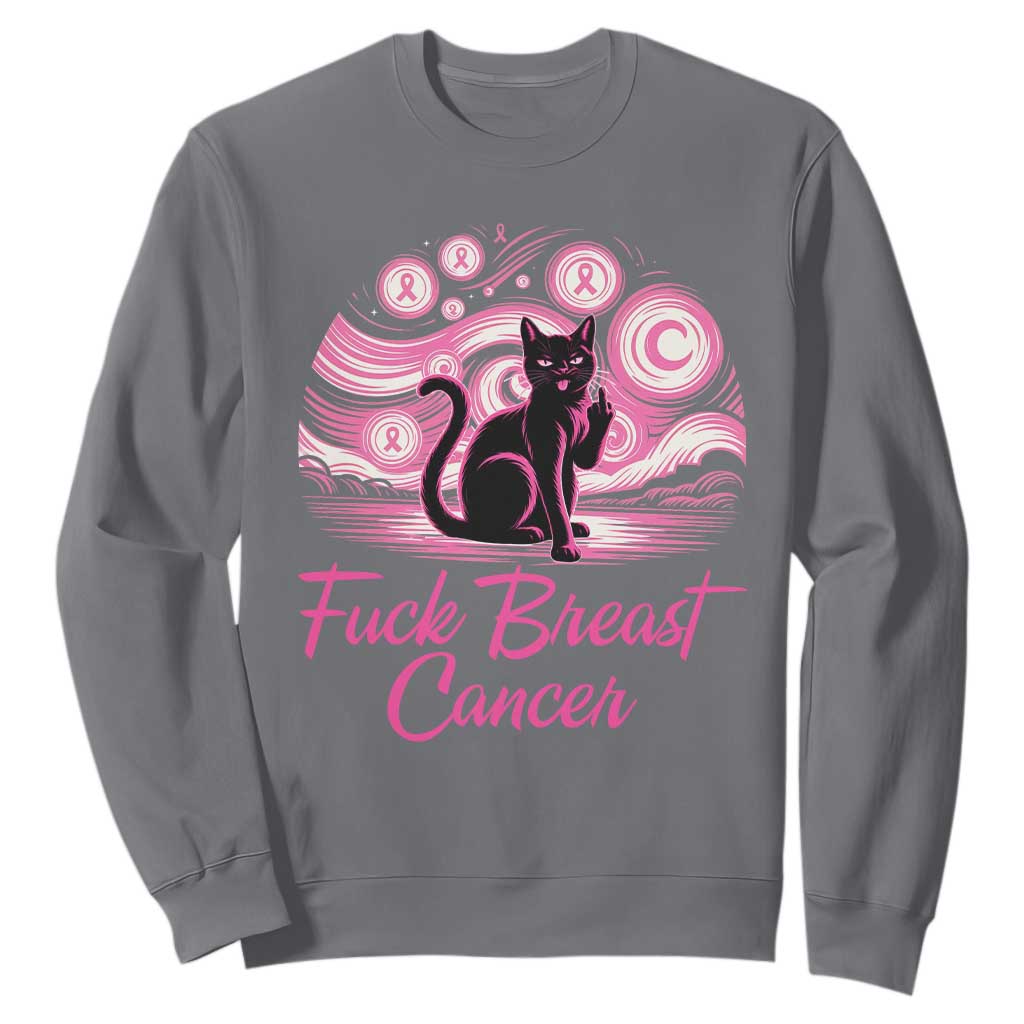 Funny Black Cat Fuck Breast Cancer Pink Ribbon Starry Night Sweatshirt