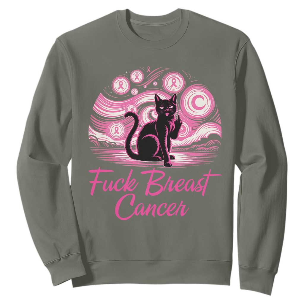Funny Black Cat Fuck Breast Cancer Pink Ribbon Starry Night Sweatshirt