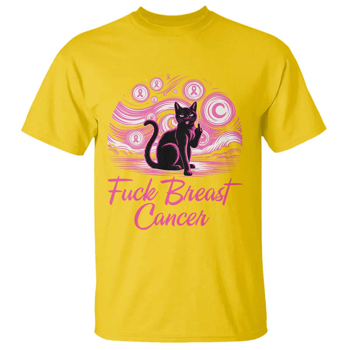 Funny Black Cat Fuck Breast Cancer Pink Ribbon Starry Night T Shirt