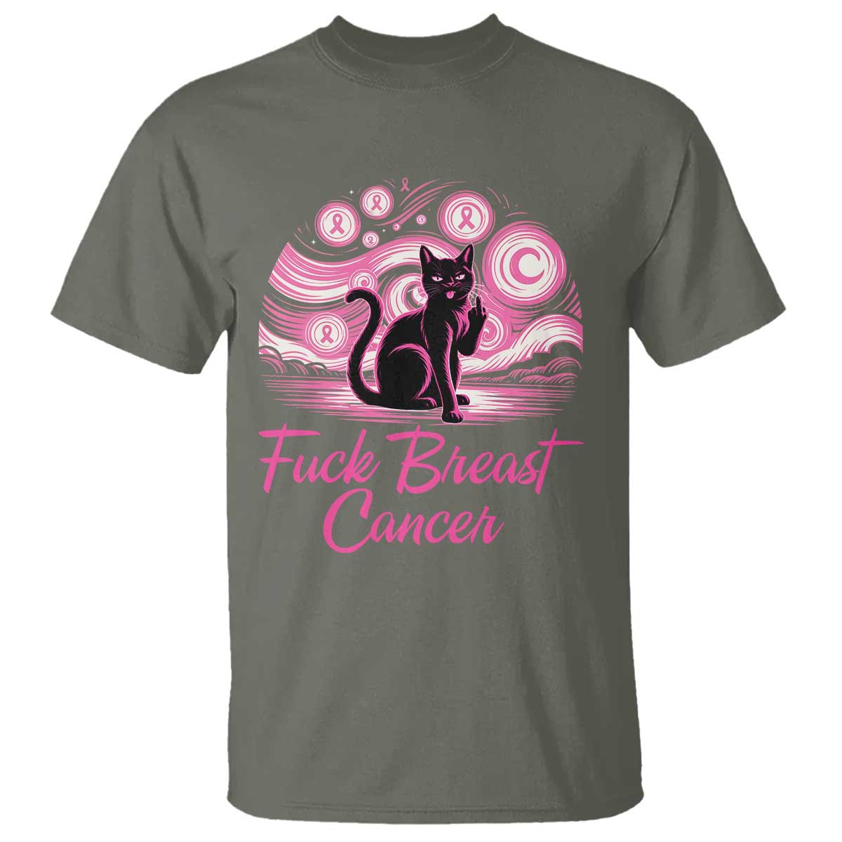 Funny Black Cat Fuck Breast Cancer Pink Ribbon Starry Night T Shirt