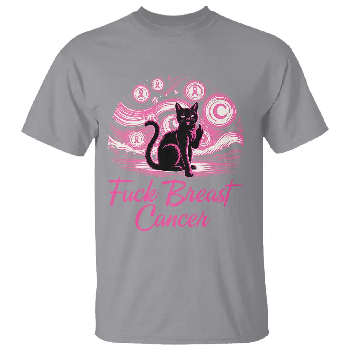 Funny Black Cat Fuck Breast Cancer Pink Ribbon Starry Night T Shirt