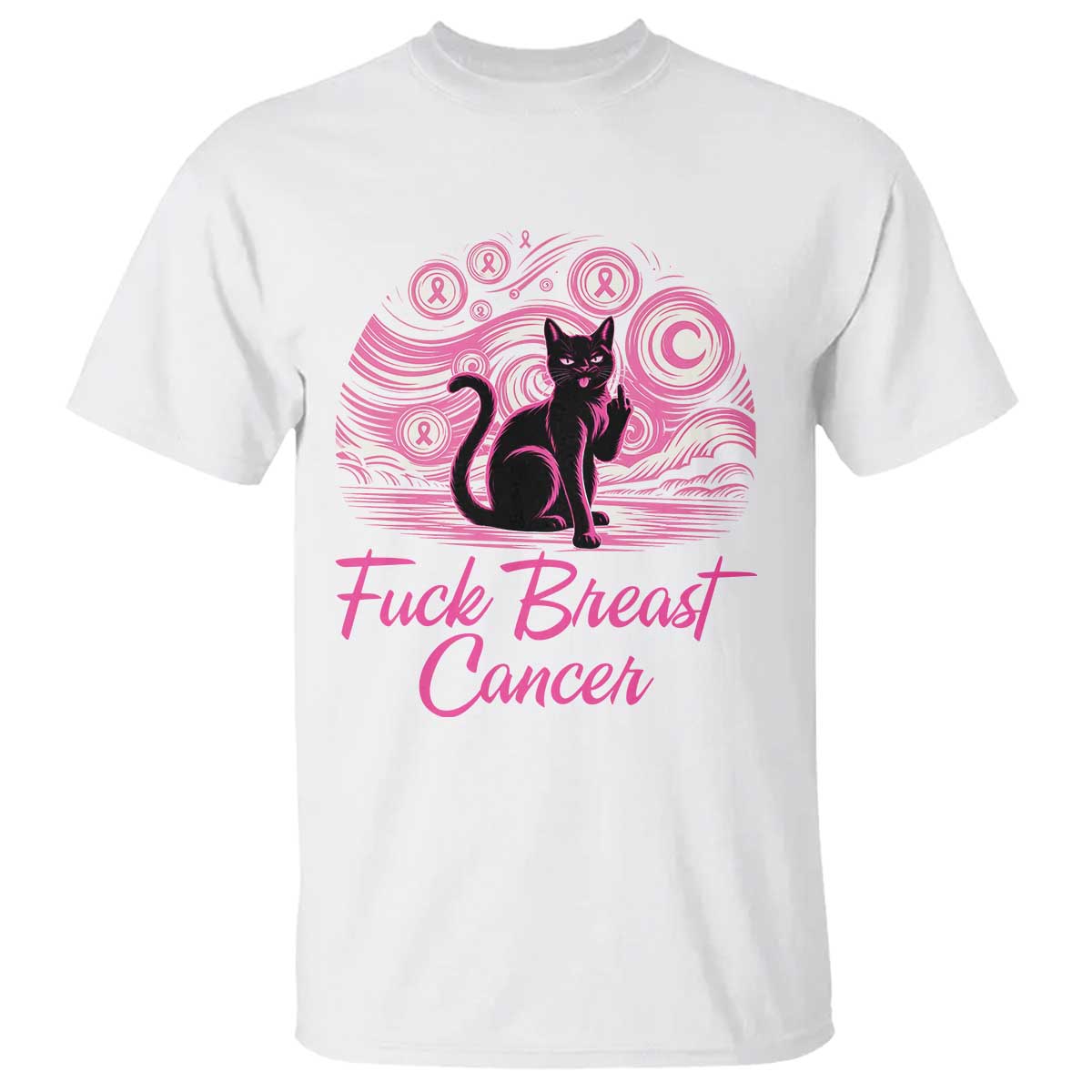 Funny Black Cat Fuck Breast Cancer Pink Ribbon Starry Night T Shirt